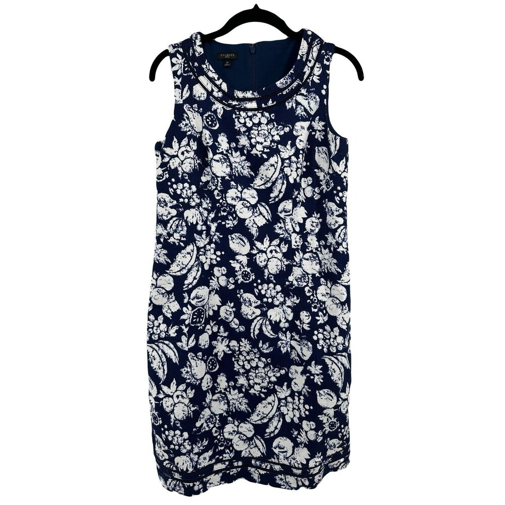 Talbots Sz 2P Blue and White Floral Knee Length Sundress Round Neck Cotton